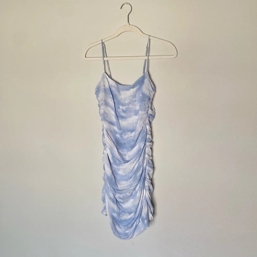 We Wore What REVOLVE Ronnie in Clouds Powder Blue Ruched Bodycon Mini Dress - Picture 5 of 9